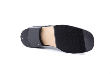 Male Black Shoes Leather Quality on White Background, Isolated Product, Top View, Studio.