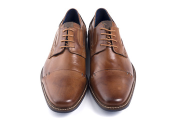 Male Brown Shoe Leather on White Background, Isolated Product, Top View, Studio.