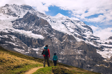 Hiking in the beautiful Alps. Scenic landscape. Outdoor activities in Switzerland. 2017
