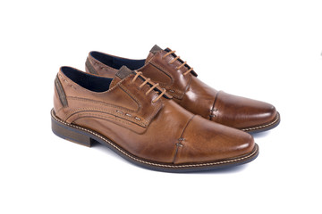 Male Brown Shoe Leather on White Background, Isolated Product, Top View, Studio.