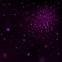 Pink stars black night sky background. Abstract bokeh glowing space design. Starry milky way. Galaxy golden starlight shine sparkle. Purple shiny fantasy glow in dark Vector illustration