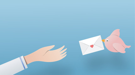 Birds are sending letters to hand. paper art copy space vector paper cut cute illustration