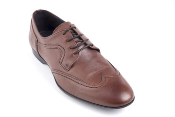 Male Brown Shoe Leather on White Background, Isolated Product, Top View, Studio.