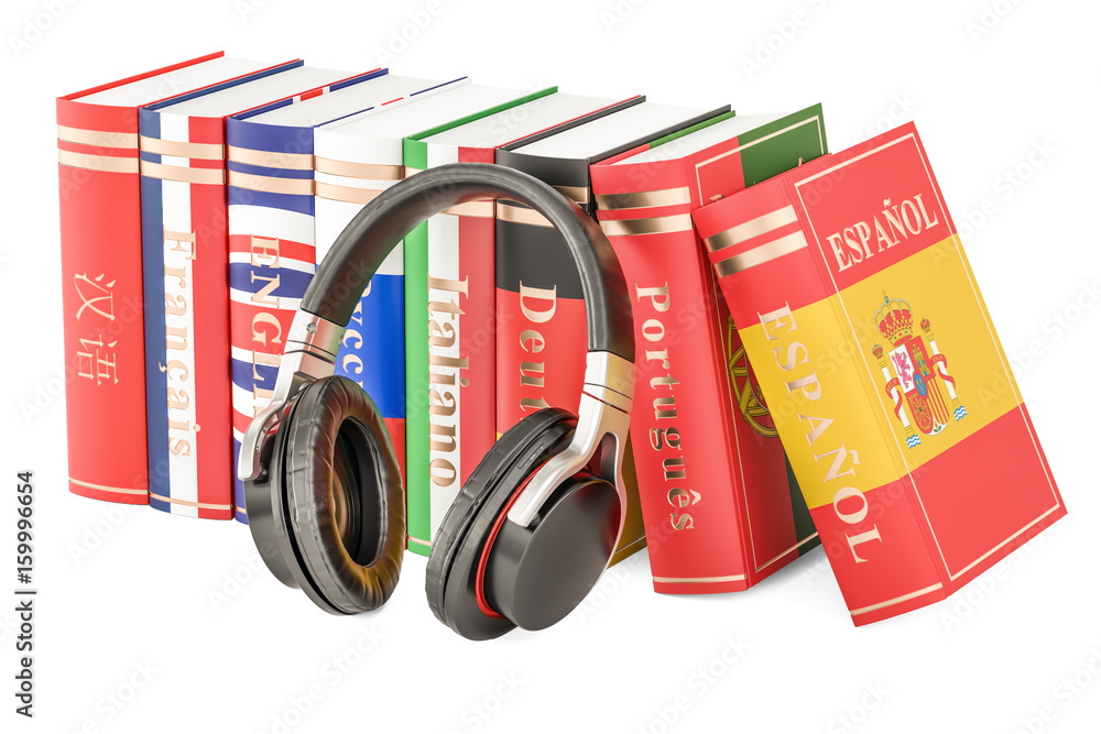 Poster headphones and language books, learning concept. 3d rendering