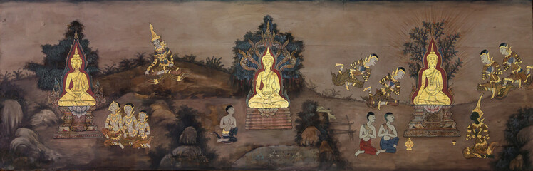 Nakhonratchasima,THAILAND October 2:Mural of History of Buddhism on wall in temple.on 2 October 2016 in Nakhonratchasima,Thailand © reewungjunerr