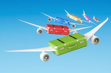 Travel concept, Suitcases with wings flying in the sky. 3D rendering