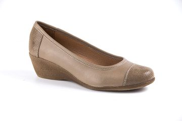 Female Brown Shoe Leather on Black Background, Isolated Product, Top View, Studio.