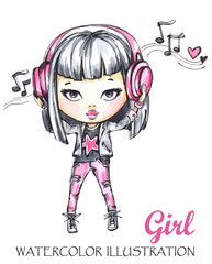 Watercolor young girl listening music with headphones.