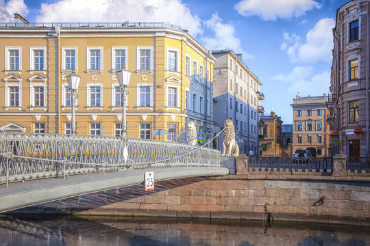 Lion Bridge crosses the Griboedov Canal in St. Petersburg