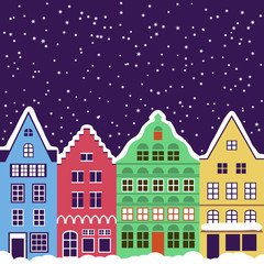 Seamless pattern with colorful houses. Europe winter street. Building in vintage style.