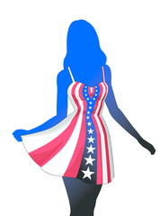 Woman in American Patriotic Dress is an illustration of a silhouette of an beautiful woman or girl in a patriotic American red, white and blue dress. Dress is made of a stars and stripes design.
