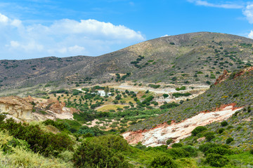 Fototapeta na wymiar Beautiful mountain landscape in north western part of Milos island. Cyclades, Greece