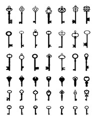 Set of black silhouettes of door keys, vector