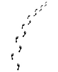 Trail of human bare footsteps, turn right