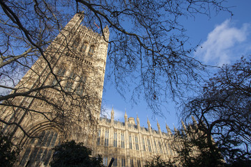 United Kingdom House of Parliament in London with Trees and Blue Sky