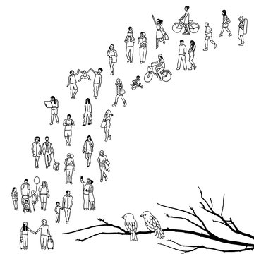 Tiny people walking in a queue, back to front, with tree branch and two birds in the foreground