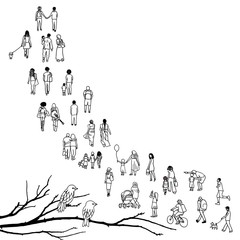 Tiny people walking in a queue, front to back, with tree branch and two birds in the foreground