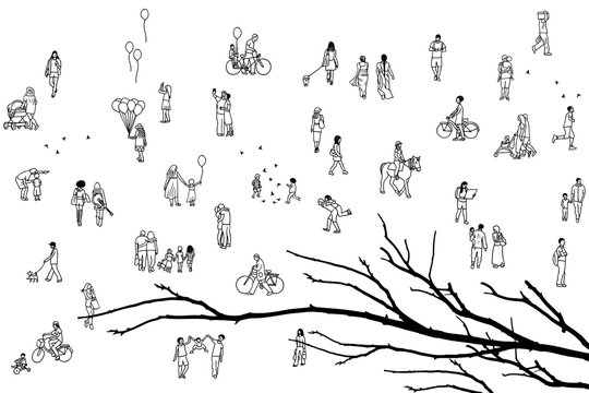 Tiny pedestrians in the street, a diverse collection of small hand drawn men and women walking through the city, with tree branch in the foreground