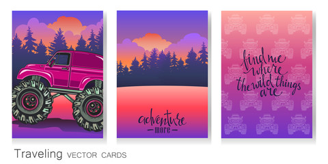 Vector set of artistic colorful cards. Cartoon Monster Truck, evening landscape, pattern and calligraphy. © AnasteZia