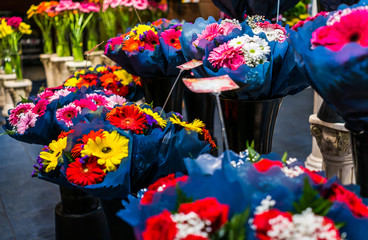 Daisy flower bouquets in blue wrapping paper on display at florist shop