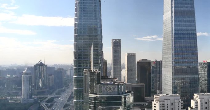 4k,Aerial View of heavy traffic through BeiJing central business district that is located in the Chaoyang district,It's the main hub for financial and business activities in China's capital city.