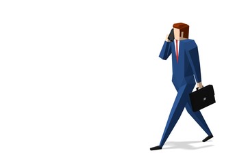 Business man walking forward while talking on the phone and holding a briefcase