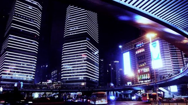 time lapse shanghai night traffic & skyscraper,light trails of cars under overpass,use Ultra-wide-angle lens shoot.