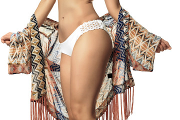 Beautiful young woman in beachwear on white background, closeup