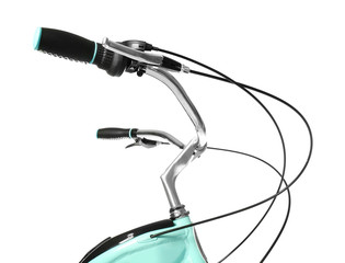 Handlebar of modern bicycle on white background
