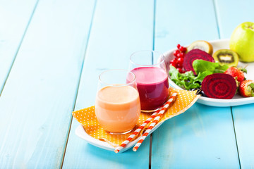 Detox diet - smoothies from beet and carrots. Selective focus. Copy space