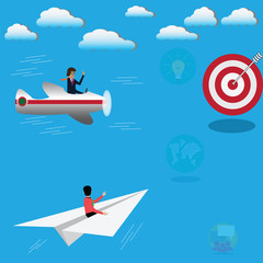 Business success concept,Businessman sitting on paper plane but someone sit on air plane - vector