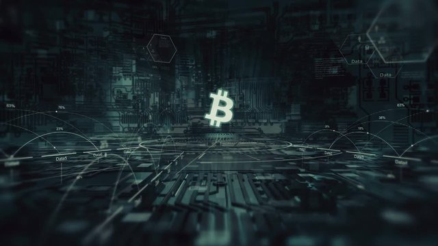Abstract animation of bitcoin currency sign in digital cyberspace