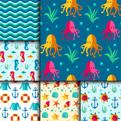 Seamless vector patterns with nautical elements wave marine collection paper sea background