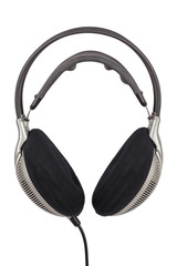 Professional headphones hanging on white background