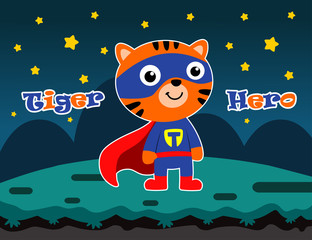 tiger hero at night. vector cartoon illustration