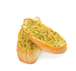 Close up Garlic and herb bread slices on white background