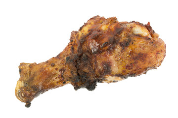 Grilled Chicken drumstick with bone in and with skin on white background. Isolated, great for texture and 3d models. Narrow Aperture shot especially for texture use.