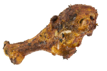 Grilled Chicken drumstick with bone in and with skin on white background. Isolated, great for texture and 3d models. Narrow Aperture shot especially for texture use.