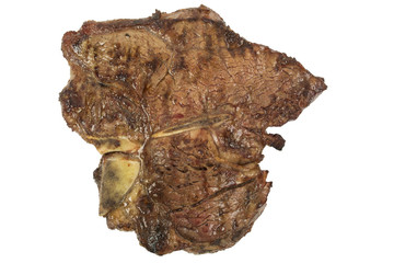 Grilled T-Bone Beef steak on white background. Isolated, great for texture. Narrow Aperture shot especially for texture use. Left side.