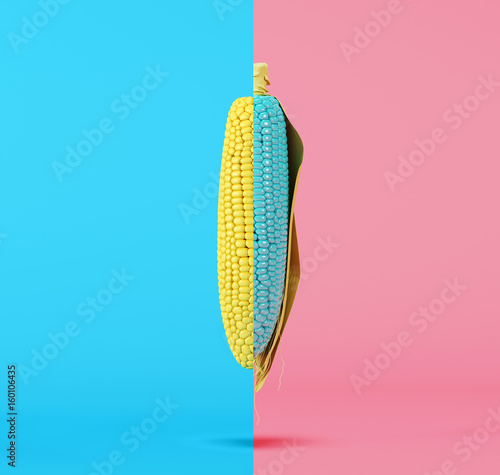 Contrast Color Corn On Blue Half Pink Background Minimal Food Contrast Color Corn On Blue Half Pink Background Minimal Food Concept