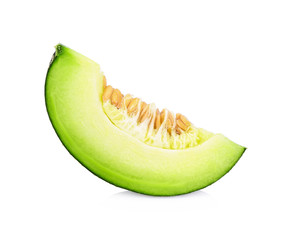 A Slice of green cantaloupe melon have seed isolated on white background