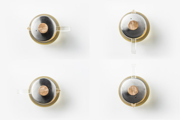 Top view of glass tea pot on white background desk for mockup, collage of diverse angle.