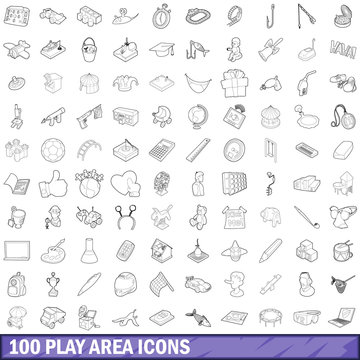 100 play area icons set, outline style