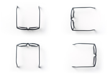 Top view of vintage glasses on white background desk for mockup, collection of diverse angle.