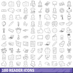 100 reader icons set, outline style