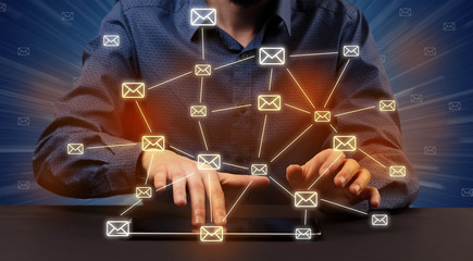 Typing with connected communication icons around