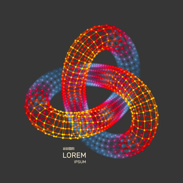 Trefoil knot. Object with connected lines and dots. 3D grid design. Molecular structure. Vector illustration.