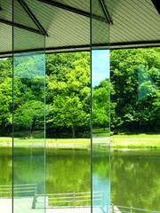 Naklejka premium パークセンター枯見る新緑の公園風景