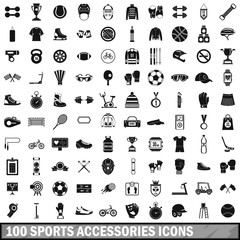 100 sport accessories icons set, simple style 