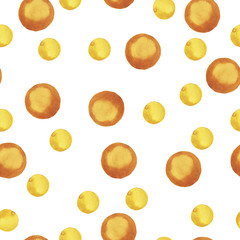 Seamless pattern with yellow dots on white background. Hand drawn watercolor illustration